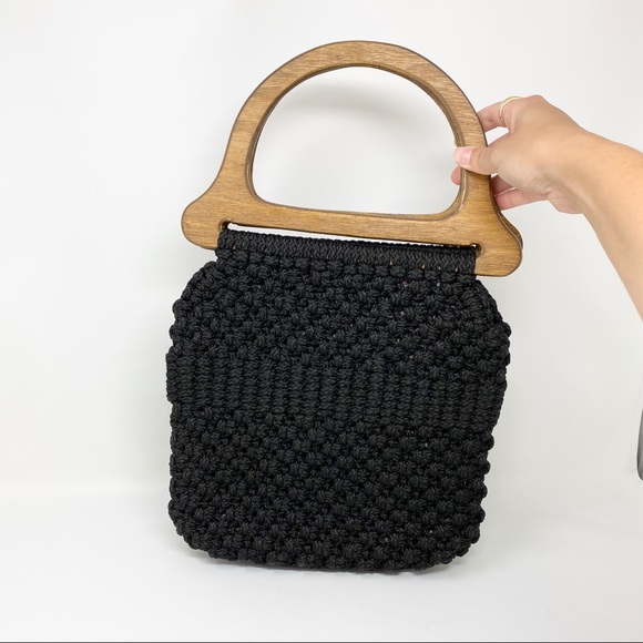 Vintage Handmade Macrame Purse with Wood Handle - Picture 3 of 5